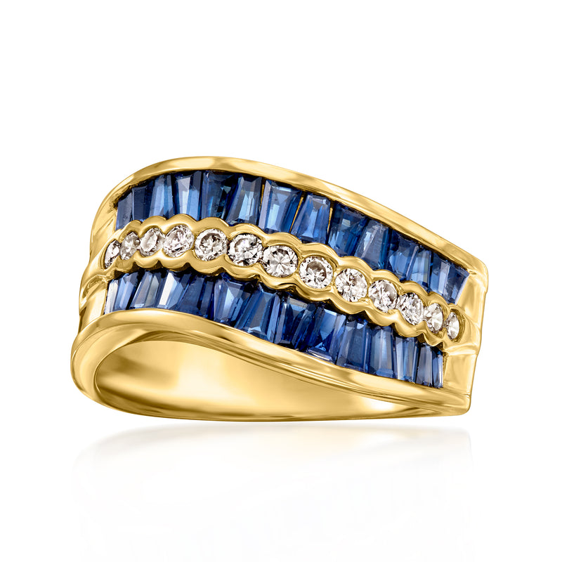 18k yellow gold wave ring with blue sapphire baguette band and diamond accents