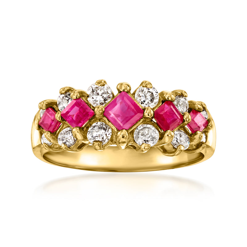 14kt yellow gold vintage ring with pink ruby-style center and diamond accents