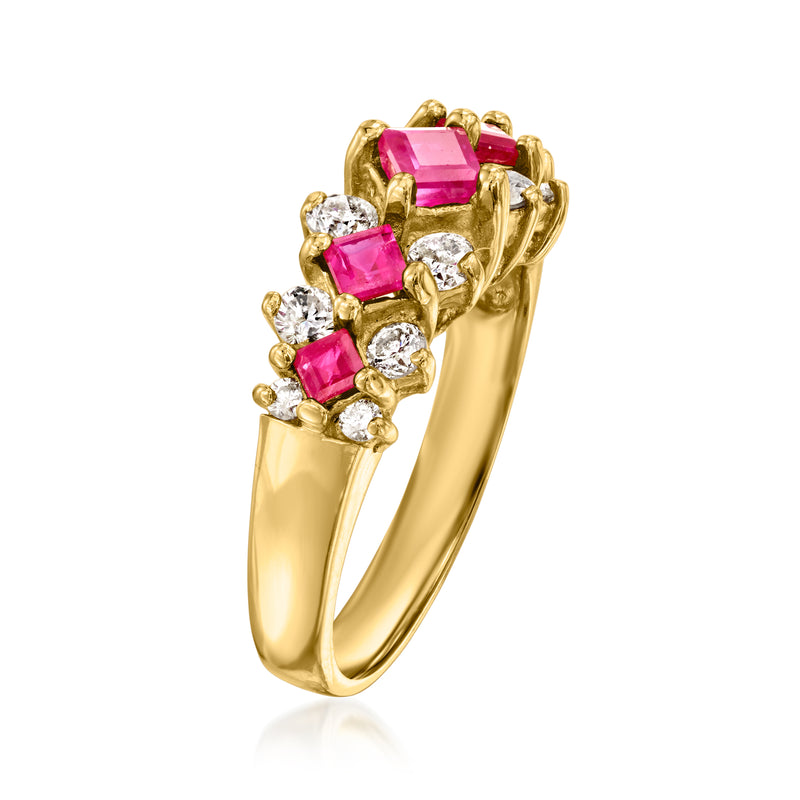 14kt yellow gold ring with square pink gemstones and round diamond side stones