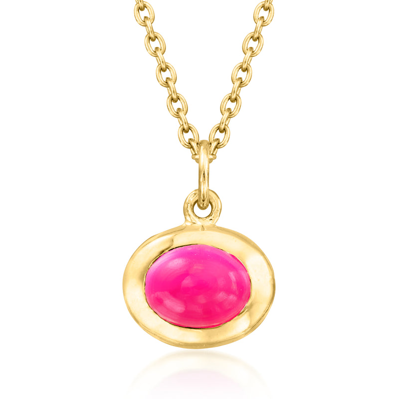 Pink oval cabochon pendant necklace with gold-tone cable chain