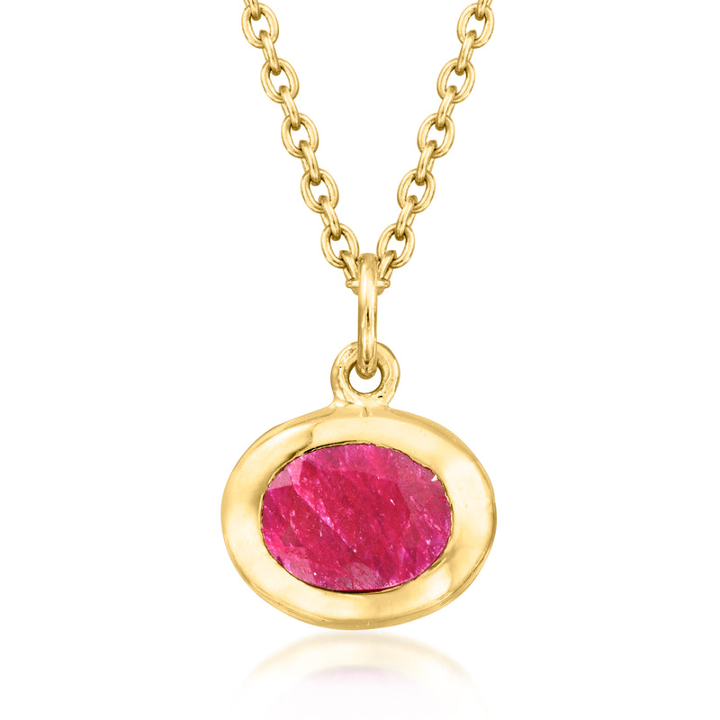 Gold-tone oval gemstone pendant necklace with pink bezel on cable chain