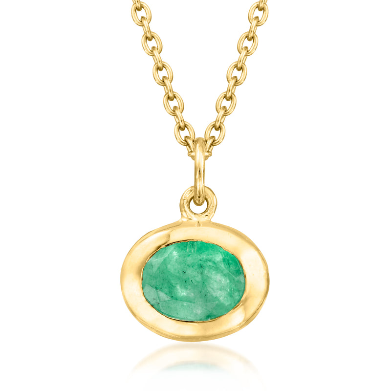 Gold-tone oval gemstone pendant necklace with green bezel on cable chain