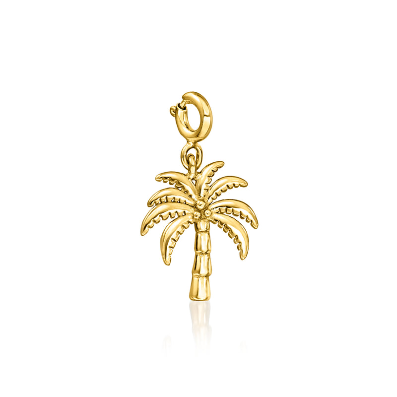 Gold palm tree charm with clasp loop and dangling figure, 18kt gold over sterling
