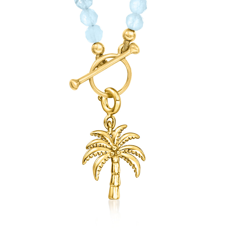 Gold palm tree charm pendant with hoop connector and dangling loop link detail
