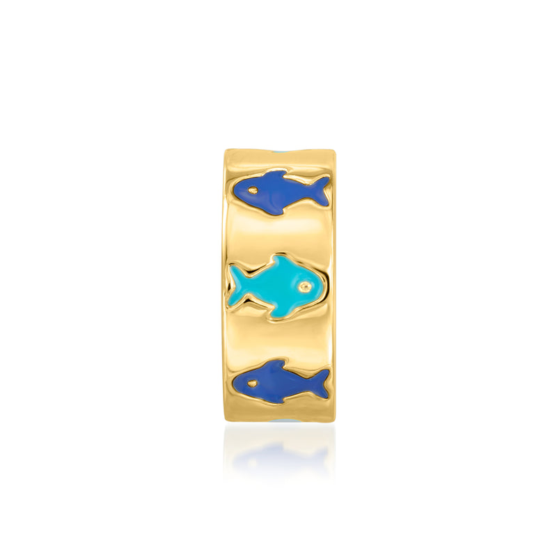 Gold over sterling fish bead charm with blue enamel dolphin figures on a band