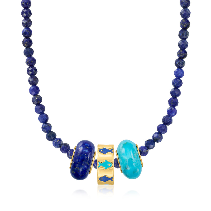 Blue beaded necklace with fish bead charm centerpiece in blue and turquoise