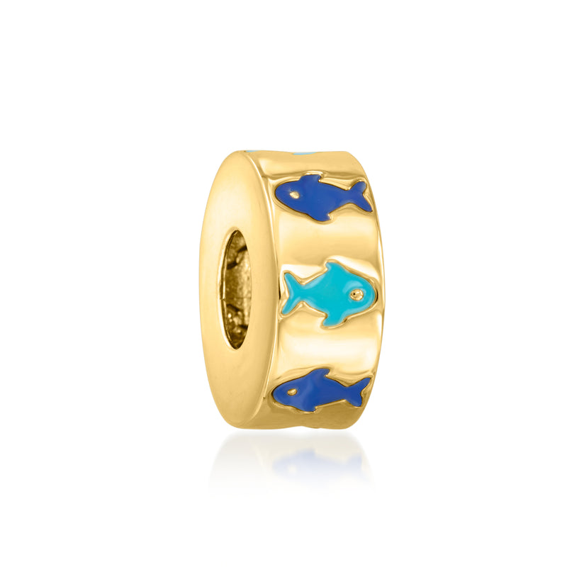 Gold over sterling fish bead charm with blue enamel dolphin figures on the side