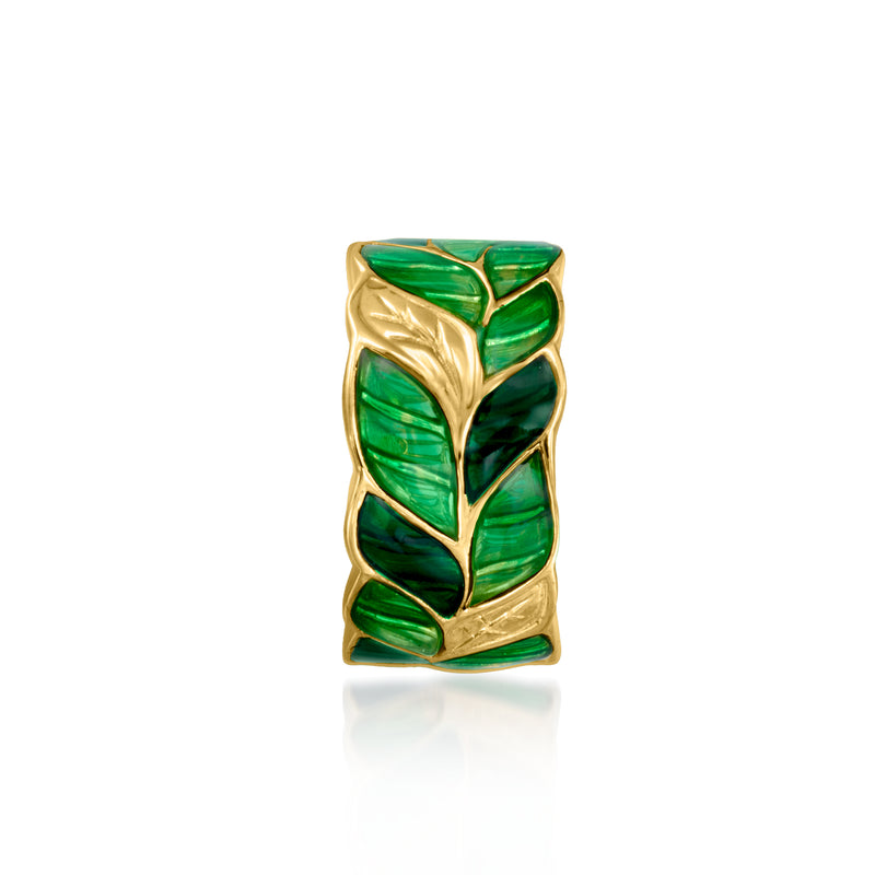 Green enamel leaf bead charm in gold over sterling, rectangular layered leaf design