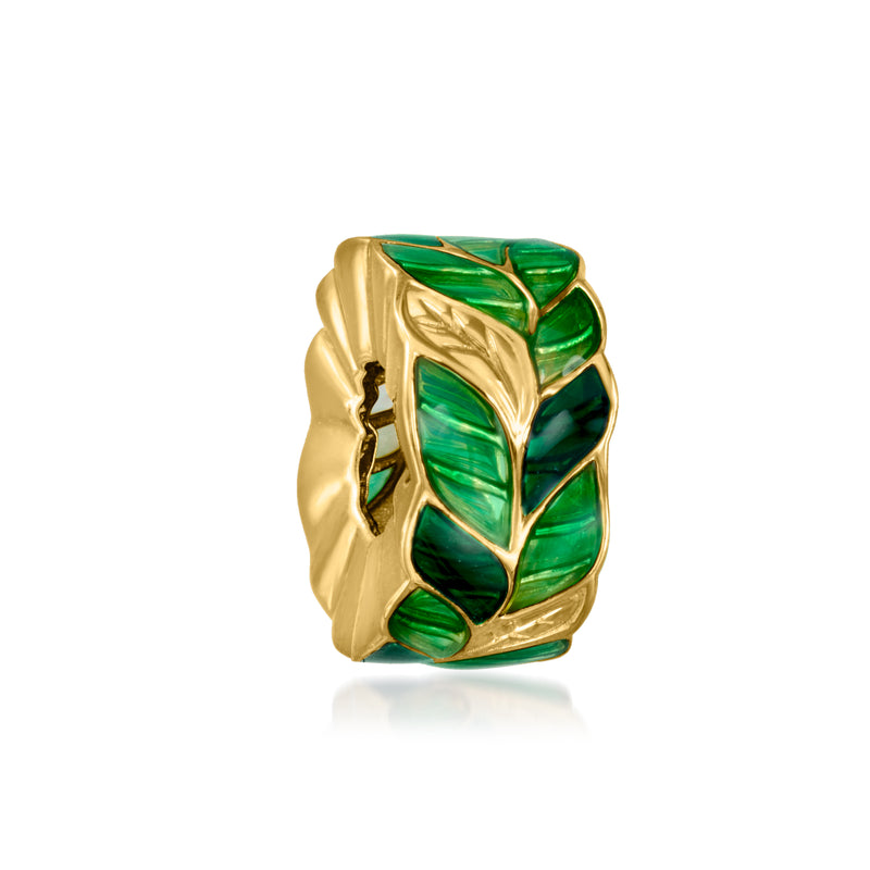 Gold-toned rectangular leaf enamel bead charm with layered green leaf detail