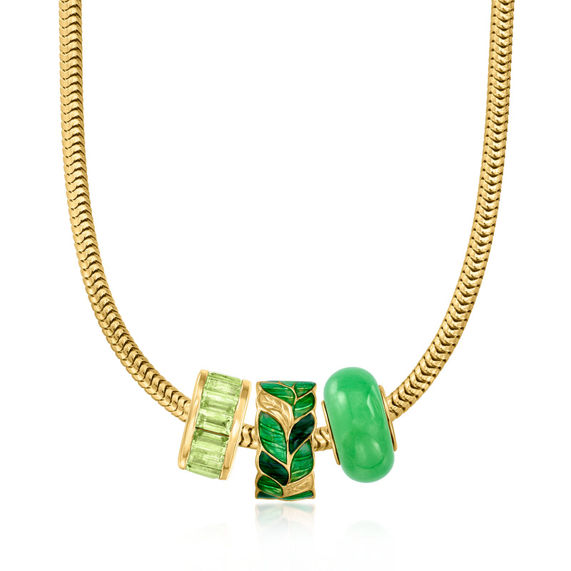 Green leaf enamel charm on gold chain with green end bead and spacer