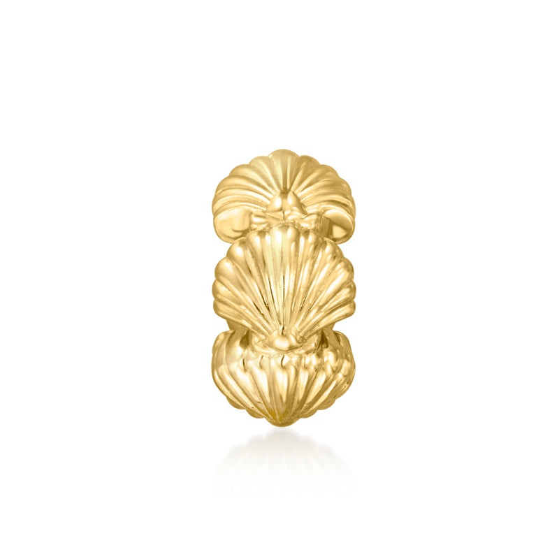 Gold seashell bead charm with ridged shell detail, polished yellow-gold finish