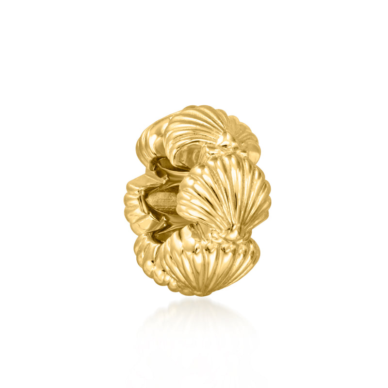 Gold seashell charm, angled view showing layered shell ridges and shine
