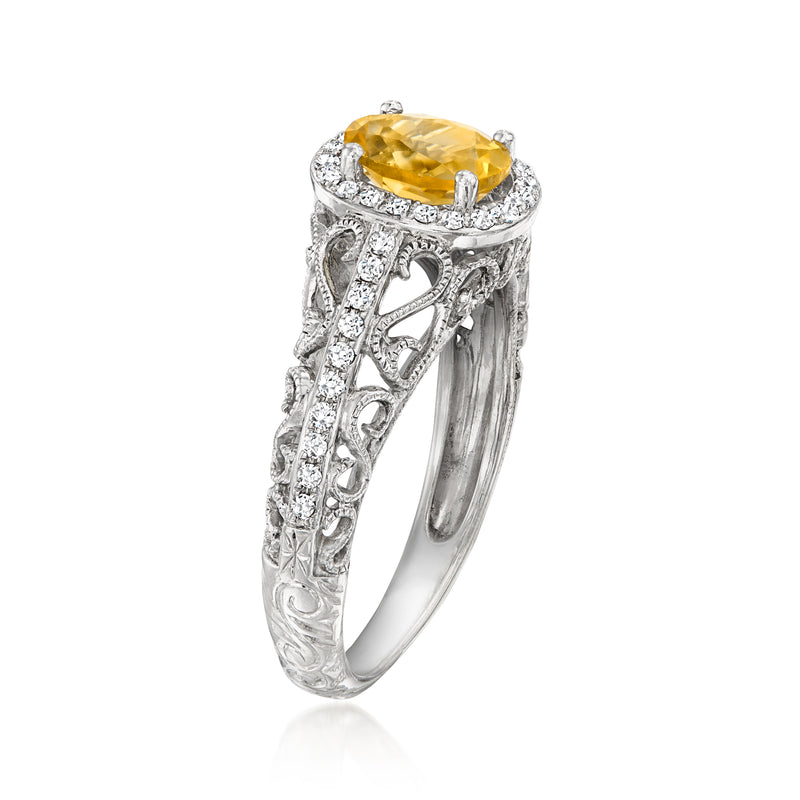 Vintage 18kt white gold citrine ring with diamond accents