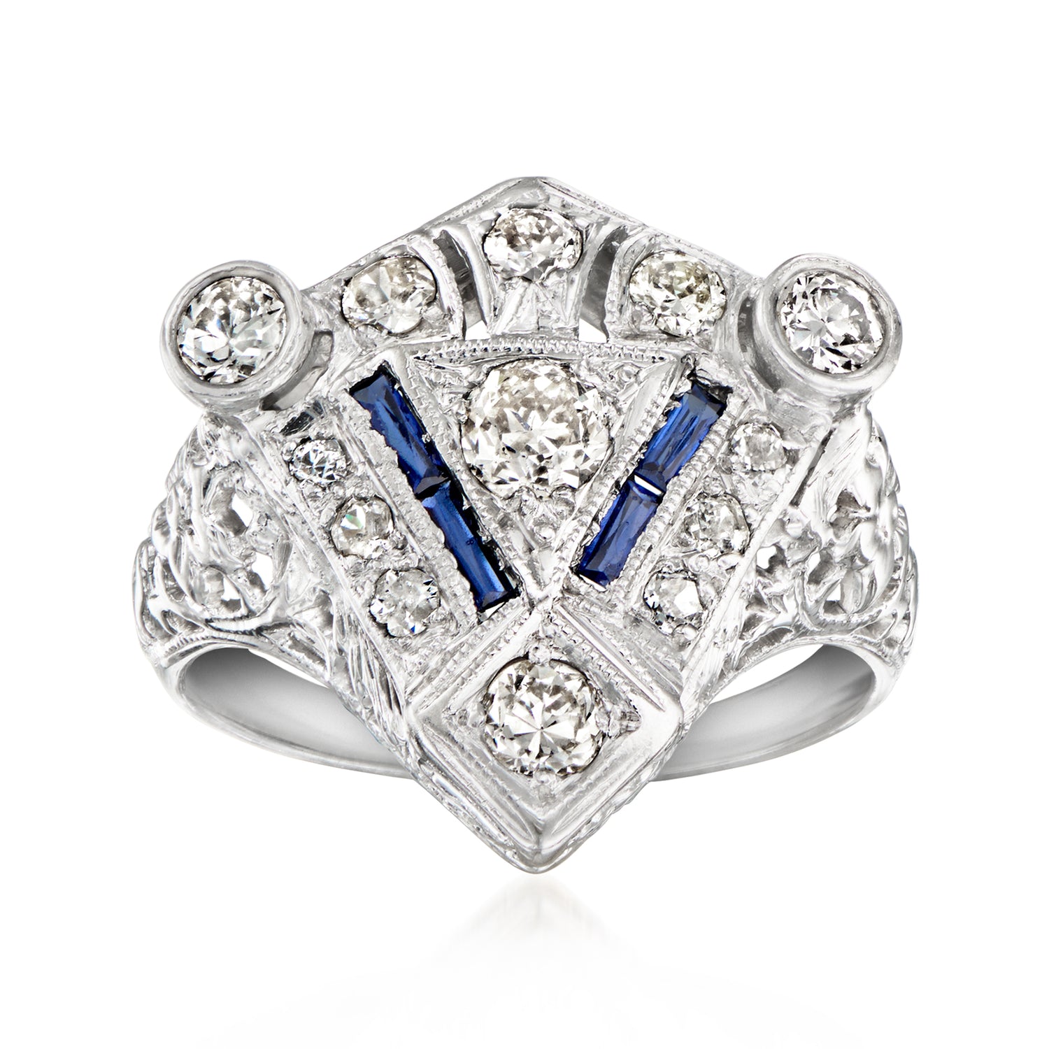 C. 1980 Vintage .65 ct. t.w. Diamond and .10 ct. t.w. Synthetic Sapphire Cocktail Ring in 18kt White Gold