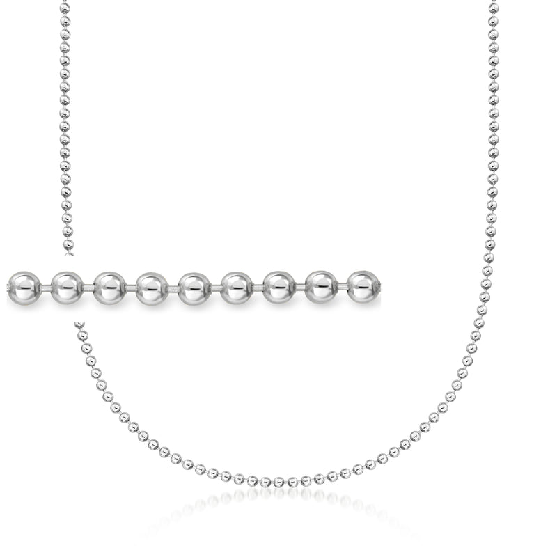 Sterling silver bead-chain necklace with round ball beads and clasp, flat lay