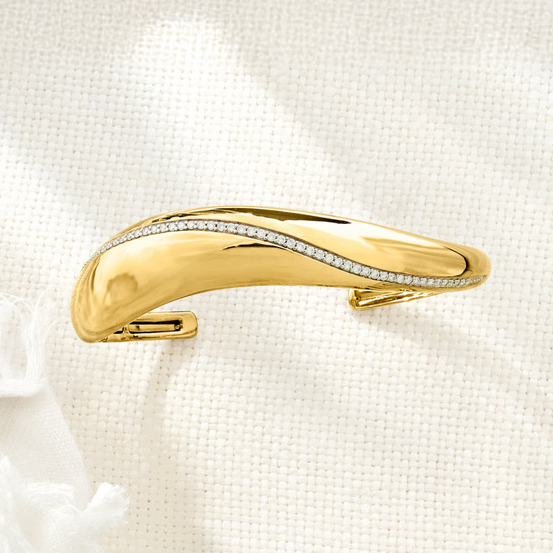 Wavy cuff bracelet with lab-grown diamond line in gold over sterling
