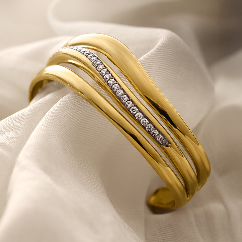 Gold-over-sterling wave cuff bracelet with center lab-grown diamond row