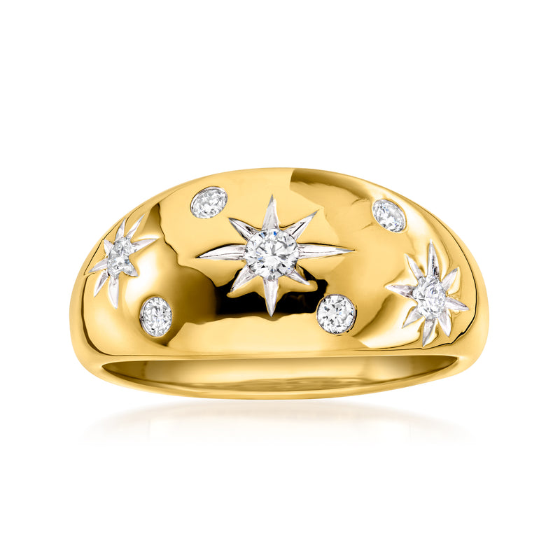 Gold star diamond ring with scattered star settings on a wide band