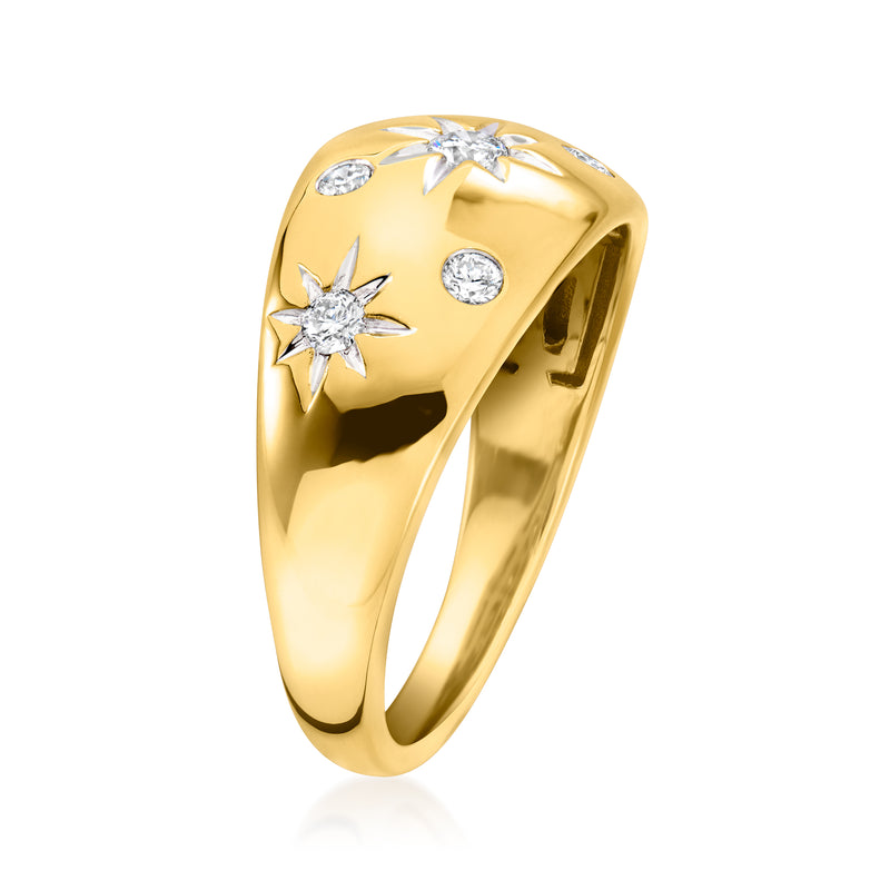 Gold star diamond ring viewed from the side, with scattered star-shaped settings