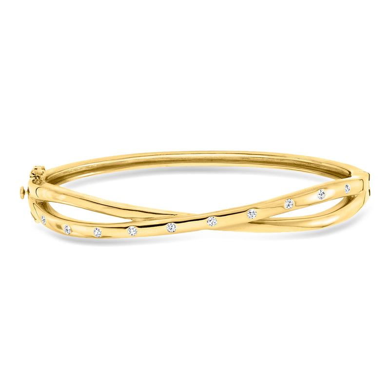 Crisscross diamond bangle bracelet in 18kt gold over sterling with small round stones