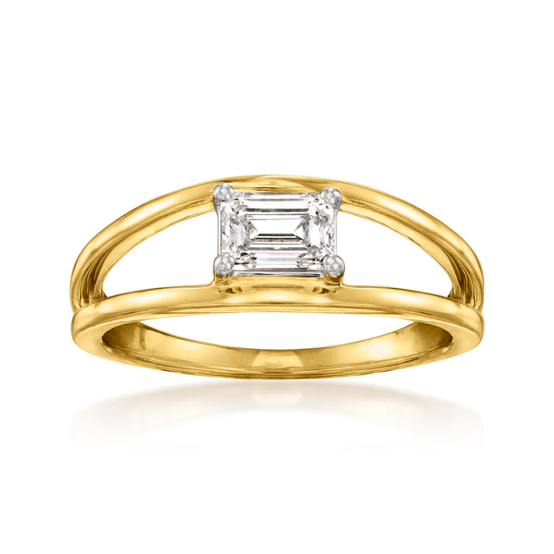 Gold split-shank ring with emerald-cut lab-grown diamond centerpiece