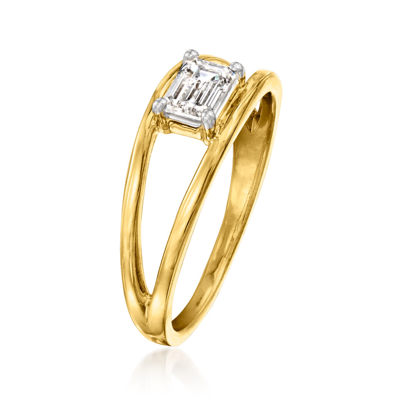 Gold split-shank ring side view with emerald-cut lab-grown diamond