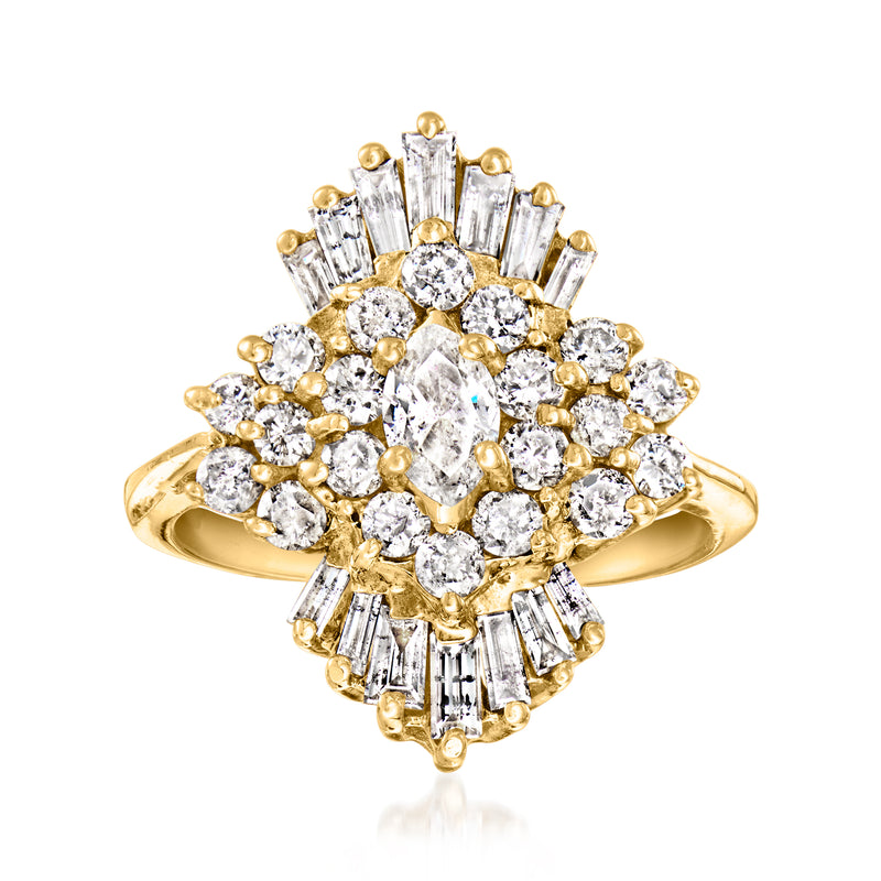 14kt yellow gold diamond cluster ring with oval center and baguette-cut side stones