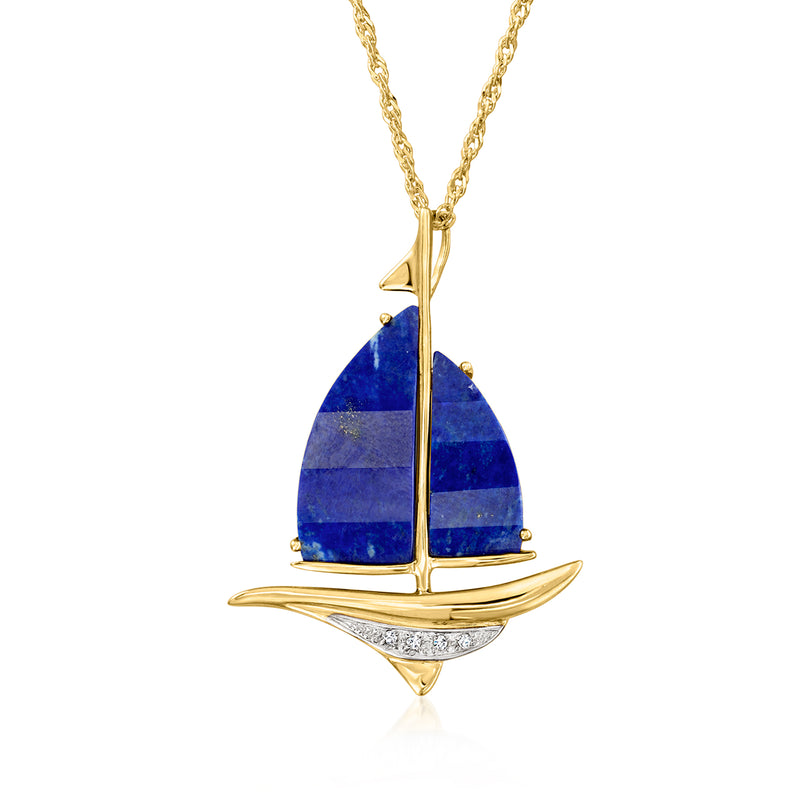 Gold sailboat pendant necklace with blue lapis gemstone sail and diamond accents