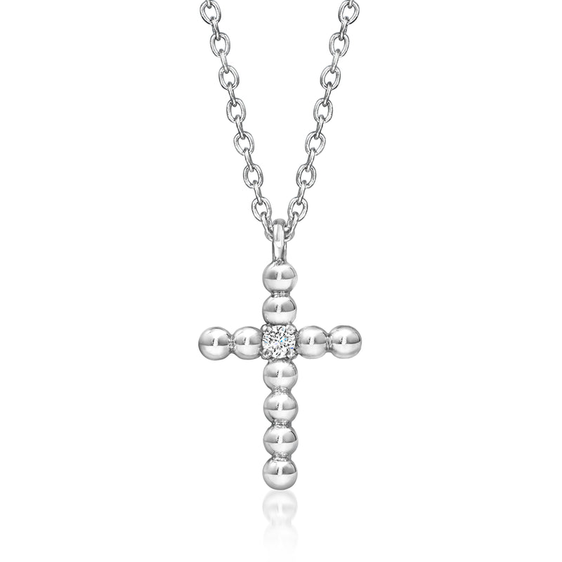 Sterling silver cross pendant necklace with a single diamond, bead detail
