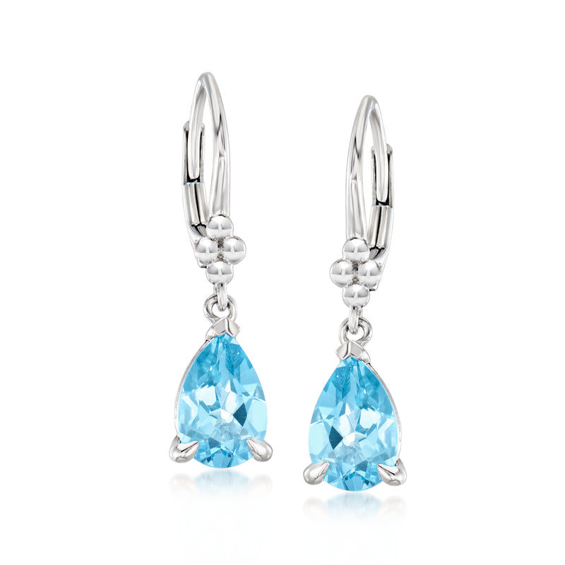 Sterling silver leverback drop earrings with blue topaz teardrop gemstones