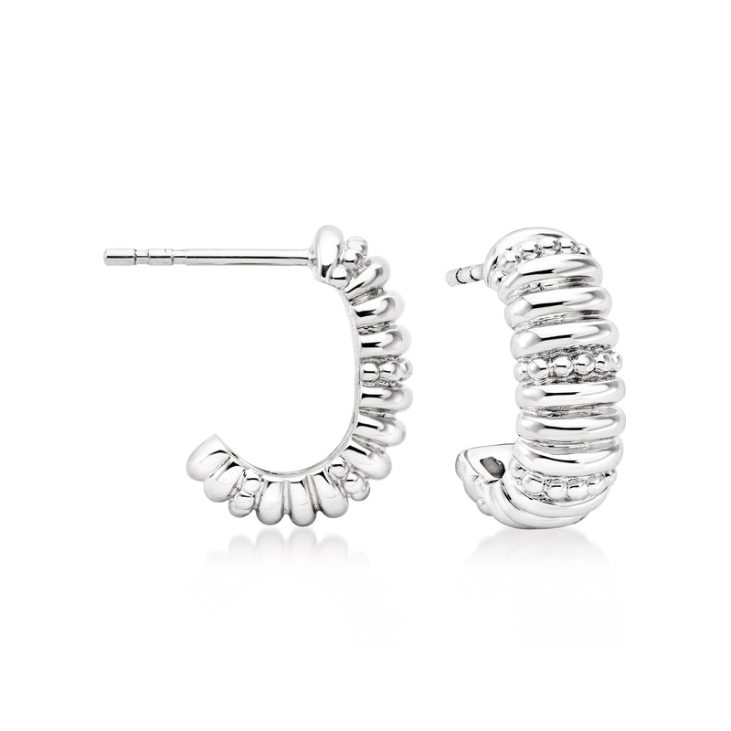 Sterling silver shrimp-style J-hoop earrings with scalloped, spiral ridges