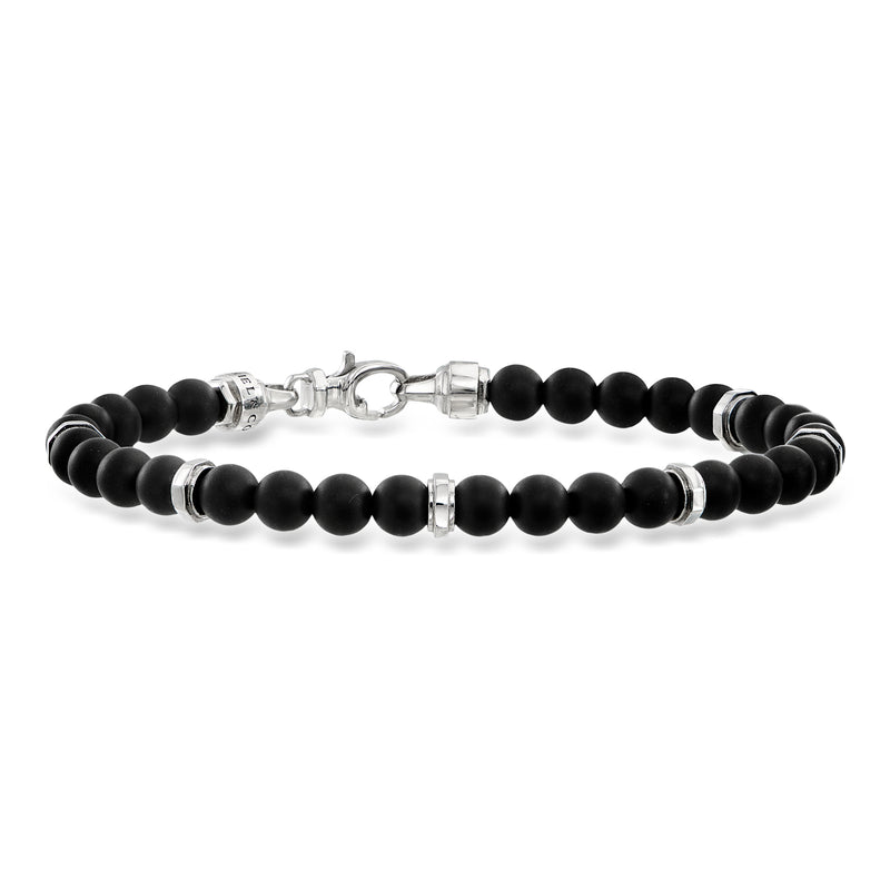 Men's black bead bracelet with 6mm beads and sterling silver clasp, titanium accents