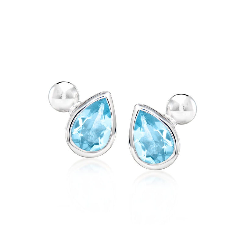 Sterling silver stud earrings with pear-shaped Swiss blue topaz gemstones