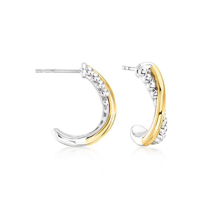 Sterling silver crisscross hoop earrings with 14kt yellow gold half-circle detail