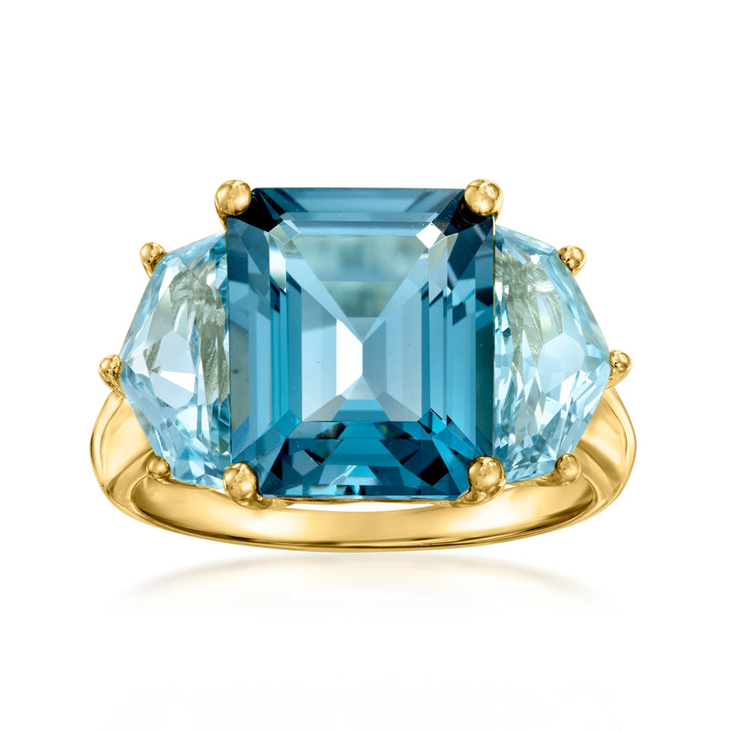 18kt gold ring with emerald-cut sky blue topaz center stone in a prong setting