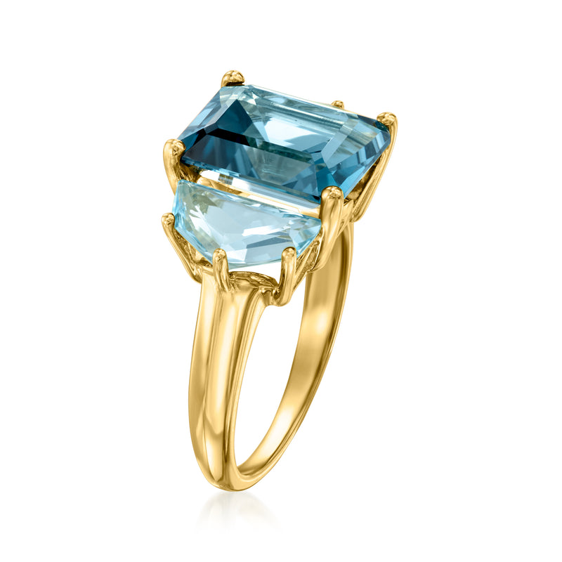 Gold ring featuring an emerald-cut sky blue topaz gemstone with four corner prongs