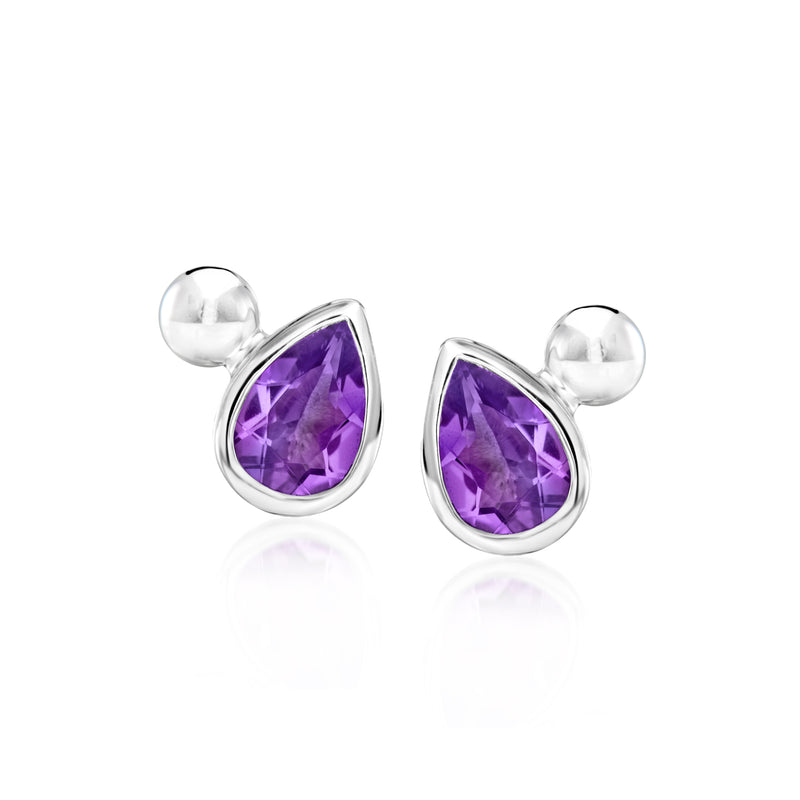 Sterling silver amethyst teardrop stud earrings with purple gemstone, pair view