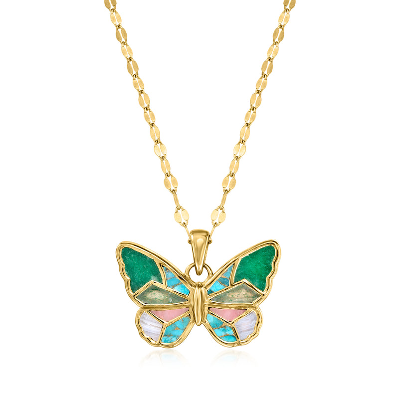 Gold-tone butterfly pendant necklace with green, pink, and blue gemstone inlay