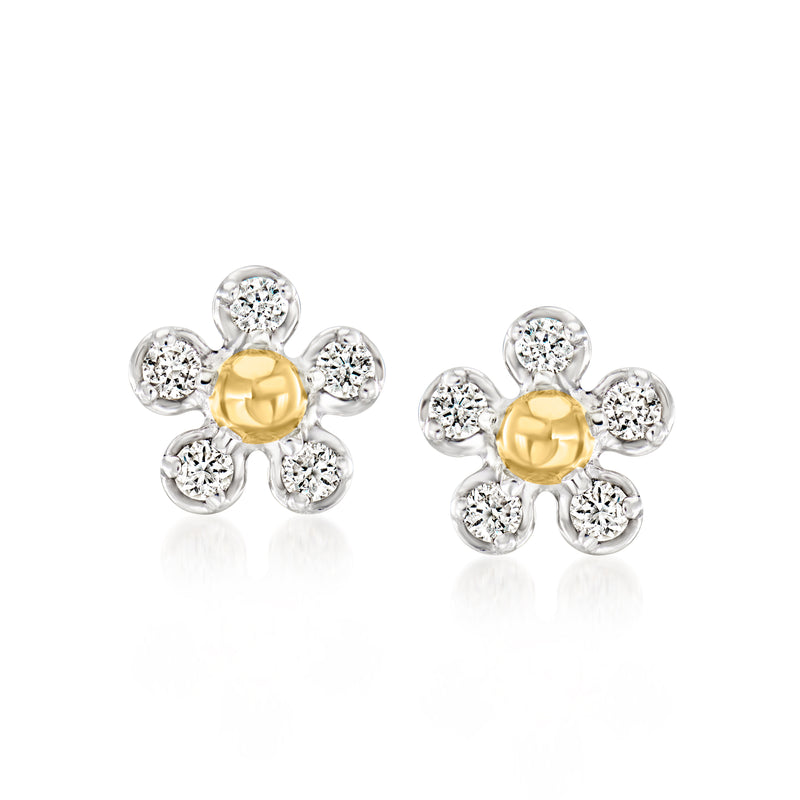 Flower stud earrings in sterling silver with round diamonds and yellow gold center