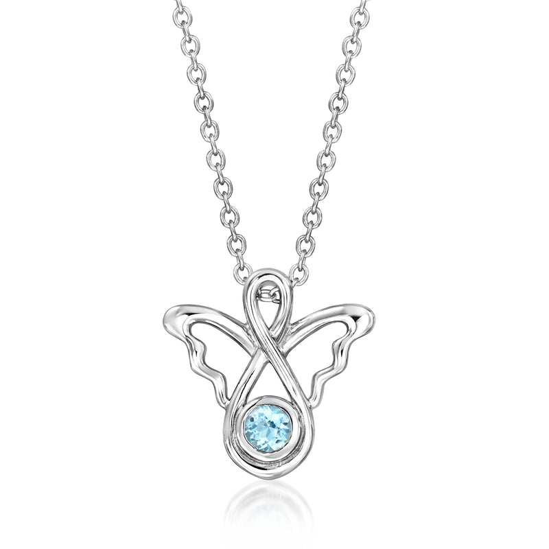 Sterling silver angel pendant necklace with round Swiss blue topaz