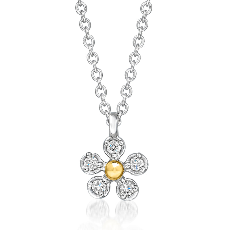 Sterling silver diamond flower pendant with 14kt yellow gold center