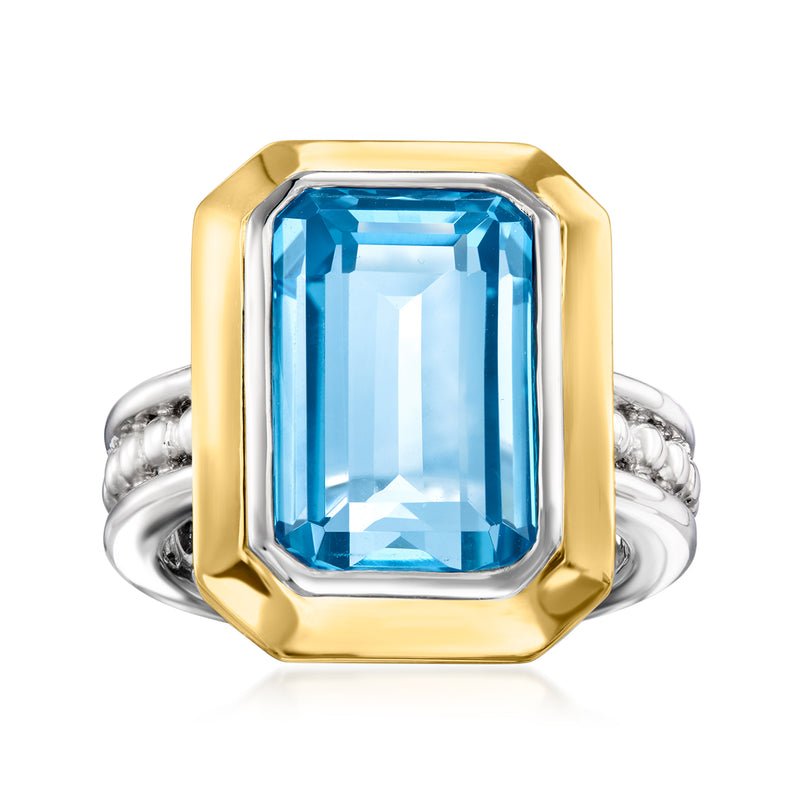 Sterling silver ring with 14kt yellow gold bezel and blue Swiss topaz square stone