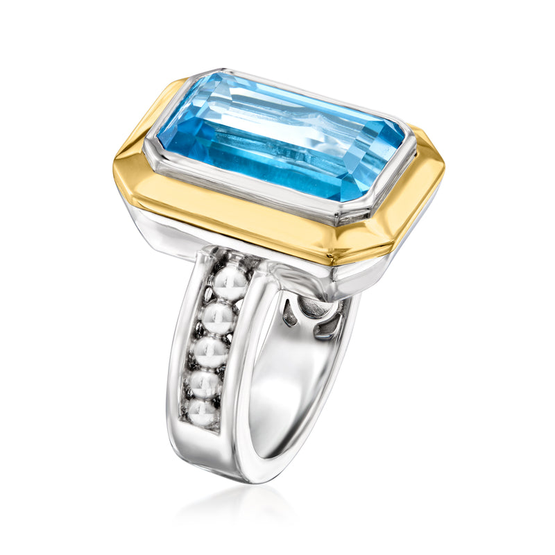 Blue Swiss topaz square ring with yellow gold frame and scalloped sterling silver band