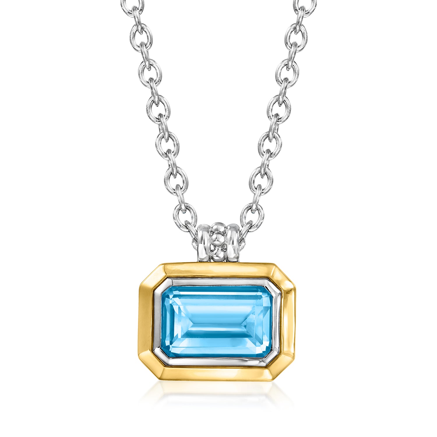 Gabriel & Co. 9.84 Carat Swiss Blue Topaz Necklace in Sterling Silver and 14kt Yellow Gold