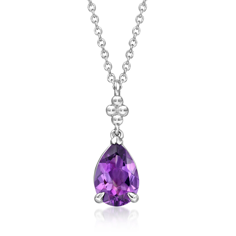 Sterling silver amethyst necklace with pear-shaped purple pendant on chain