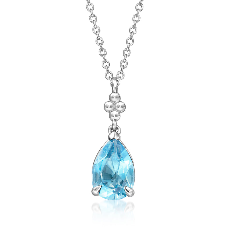 Sterling silver necklace with teardrop Swiss blue topaz pendant on chain