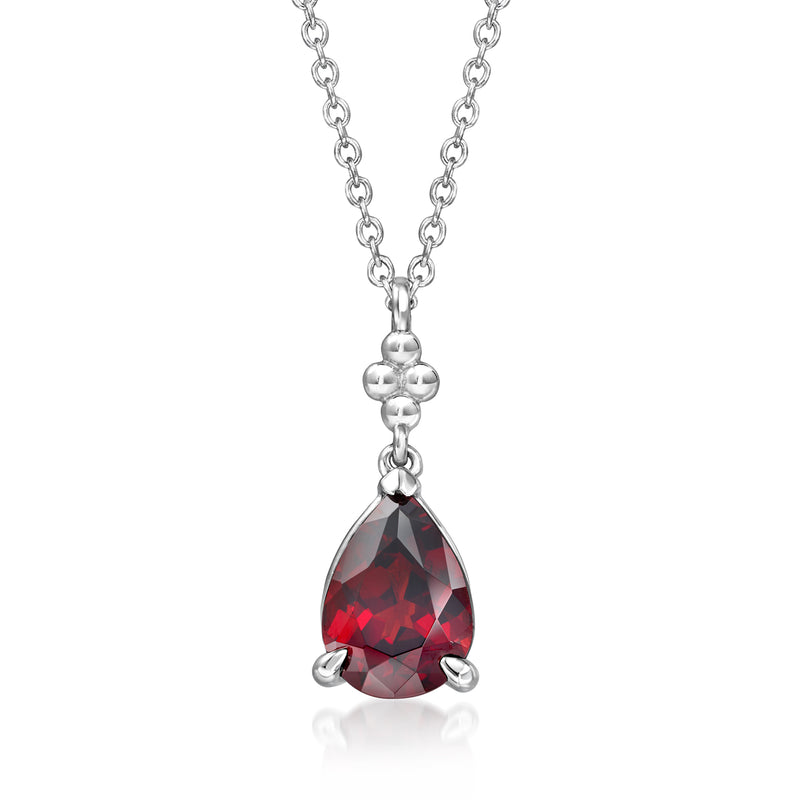 Sterling silver garnet teardrop pendant necklace with chain and clasp detail