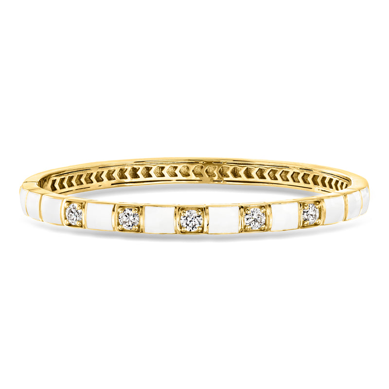 White enamel and diamond bangle bracelet in gold