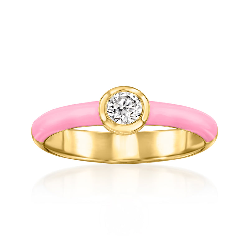 Pink enamel and gold ring with bezel-set round lab-grown diamond center