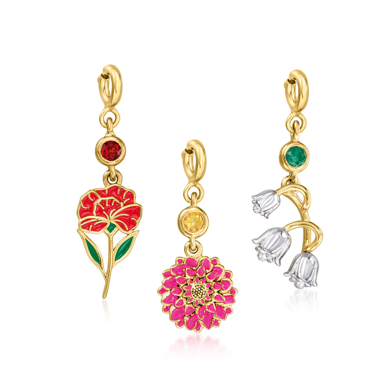 Gold-tone birthstone flower charms with enamel: red rose, pink daisy, teal flower